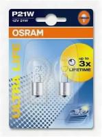 Комплект ламп накаливания блистер 2шт P21W 12V 21W BA15S ULTRA LIFE (в 3 раза увеличен срок службы по сравнению со стандартной лампой), 7506ULT02B OSRAM 7506ULT-02B