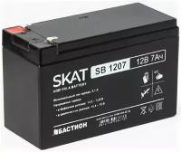 SKAT SB 1207, 12V, 7Ah, maximum charge current 2.1 A. Terminal type - F1 knife. Case size - 66x151x100. Weight - 2.1 kg. Service life - 6 years. Warranty - 18 months