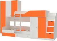 Двухъярусная кровать Лео с лестницей комодом Белое Дерево Оранжевый
