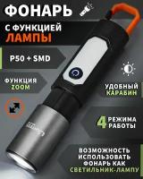 Фонарь-лампа с функцией светильника и боковым светом, карабином, ZOOM, Type-C USB / Для кемпинга, рыбалки, ручной аккумуляторный, тактический фонарик