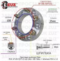 Проставка для дисков 25мм: 6*139.7(6*5.5) ЦО (dia): 108мм / с бортиком / крепёж в комплекте Гайки + Шпильки M14 * 1.5 применяемость: GMC Holden УАЗ