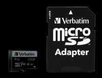 Карта памяти Verbatim Pro microSDHC 32GB UHS-I U3 V30, R/W 90/45 МБ/с с адаптером