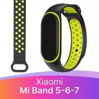 Силиконовый ремешок для смарт часов Xiaomi Mi Band 5, 6 и 7 / Спортивный сменный браслет на фитнес трекер Сяоми Ми Бэнд 5, 6 и 7 / Черно-желтый