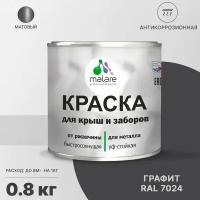 Краска Malare для металлического забора, для крыши из металла, для металлочерепицы, антикоррозионная, матовый, графитово-серый(темный), 0,8 кг