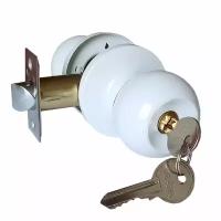 Ручка-защелка дверная межкомнатная круглая кноб с ключом и фиксатором, белая матовая