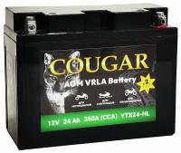 Аккумулятор для мотоцикла и скутера Cougar AGM VRLA 12V 24 А/ч 290 А обр. пол. залит/заряжен YTX24HL-BS (205х90х159) YTX18L-BS