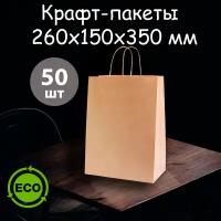 Пакет бумажный крафт 50 штук (260х150х350 мм) мешок подарочный фасовочный новогодний с кручеными ручками (кулек крафтовый) бежевый