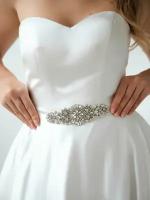 Пояс невесты под свадебное платье из камней на ленте серебро Romantic Wedding 40-50