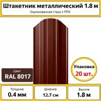 Штакетник металлический (евроштакетник) полукруглый (20 шт.) / высота 1.8 м / ширина 12,7 см / 0.4 мм / коричневый / оцинкованный