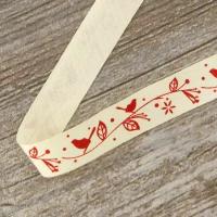 Декоративная лента, хлопковая - птицы, 15 мм, 5 м, бежево-красная, на картонной катушке, 1 упаковка