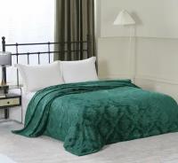 Плед 180х200 2-спальный Cleo Parma темно-зеленый, покрывало на кровать и диван пушистое с рисунком, велсофт