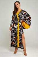 Шелковый халат кимоно женский длинный в пол с принтом туканы со вставками горчица 42 44 46 48 / халат атласный женский длинный