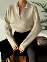 Пуловер женский, светло-бежевый, v-образный вырез, поло, 2024, размер 40-46, оверсайз, трикотаж