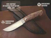Нож из стали S390 Северный, рукоять: Притин мокумэ-ганэ, зуб мамонта, кап клена, пин, формованные ножны