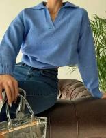 Пуловер женский, темно-голубой, v-образный вырез, поло, 2024, размер 40-46, оверсайз, трикотаж