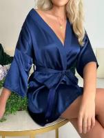 Сексуальная женская атласная пижама/халат с поясом. Домашняя одежда. Синий, S