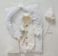 Зимний вязаный детский комплект на выписку, 3 предмета, смесовая пряжа 30% шерсть, MAMINY ZAPISKY, 62 размер (0-3мес), цвет молочный