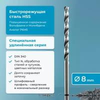 Сверло по металлу 8 мм NORGAU Industrial HSS удлинённое, шлифованное, с центрирующей подточкой перемычки, правое, DIN 340