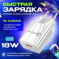 Быстрая зарядка для телефона Quick Charge 3.0, 18W, 3A / Сетевой блок питания для Samsung, Xiaomi, Huawei, iPhone/белый цвет