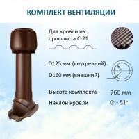 Комплект вентиляции: колпак D160, вент. выход утепленный высотой Н-700, для кровельного профнастила С-21, коричневый