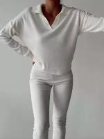 Пуловер женский белый, v-образный вырез, поло, 2024, размер 40-46, оверсайз, трикотаж
