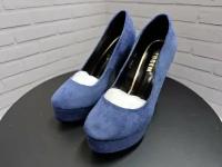 Туфли женские синие бархат 34RU, 22,0 см, на каблуке