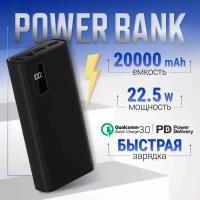 Повербанк (power bank) 20000mah с быстрой зарядкой, внешний аккумулятор для телефона iPhone, Xiaomi, Samsung, черный