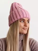 Шапка бини Женская зимняя шапка Бини с широким отворотом, крупная вязка, флисовая подкладка, размер One size / универсальный, розовый