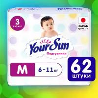 YourSun подгузники M (6-11 кг), 62 шт., белый