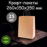 Пакет бумажный крафт 25 штук (260х150х350 мм) мешок подарочный фасовочный новогодний с кручеными ручками (кулек крафтовый) бежевый