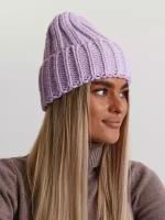 Шапка бини Женская зимняя шапка Бини с широким отворотом, крупная вязка, флисовая подкладка, размер One size / универсальный, фиолетовый