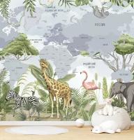 Фотообои на стену флизелиновые без винила детские Карта мира джунгли 300х270 см