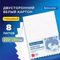 Картон белый А4 мелованный EXTRA (белый оборот), 8 листов, в пленке, BRAUBERG, 200х280 мм, 115491