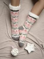 Теплые домашние новогодние носки розовые с елками и оленями