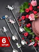 Подарочный набор чайных ложек для кофе, десертные с котиками и рыбками, 6 штук