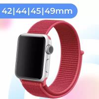 Нейлоновый ремешок для умных часов Apple Watch 42-44-45-49 mm / Тканевый сменный браслет для смарт часов Эпл Вотч 1-9, SE, Ultra серии / Малиновый