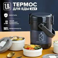 Термос Keep Hot 2-в-1 для еды и напитков, 1900 мл, с широким горлом, ударопрочный, синий