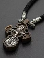 Крест серебряный мужской нательный деревянный со шнурком Ангельская 925 b-krd-004