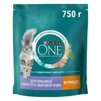 Сухой корм для кошек Purina ONE для красивой шерсти, здоровой кожи и контроля образования волосяных комков, профилактика МКБ с курицей и цельными злаками