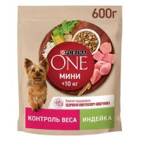 Сухой корм Purina ONE МИНИ Здоровый вес для собак мелких пород, склонных к набору веса с индейкой и с рисом 600г