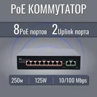 Коммутатор (свитч) PoE 8 портов +2 LAN для IP видеонаблюдения