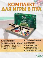 Набор аксессуаров для бильарда Start Billiards ПУЛ (2шт кий, шары, 12шт мел, треугольник, мостик, разметка)