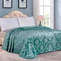 Плед 180х200 2-спальный Cleo Parma зеленый, покрывало на кровать и диван пушистое с рисунком, велсофт