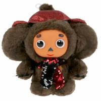 Мягкая игрушка Чебурашка 17см в шапке и шарфе из пайеток, озвученная Мульти-Пульти