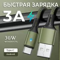 Кабель быстрой зарядки USB Type C для Android, зарядки смартфона, провод питания телефона, 1 метр, зеленый