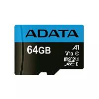 Карта памяти ADATA microSDXC 64 ГБ Class 10, V10, A1, UHS-I U1, R/W 100/25 МБ/с, адаптер на SD, черный