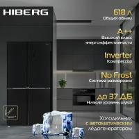 Холодильник HIBERG RFQ-555DX NFGB с автоматическим ледогенератором, 618 л, inverter А++, No Frost, фантомный дисплей, черное мерцающее стекло