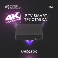 Смарт ТВ приставка 4K IPTV Vermax UHD250X, 4K Ultra HD (3840 x 2160), Android, RJ-45 100 Мбит/с, USBх2