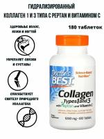Doctor's Best Гидролизованный коллаген 1 и 3 типа с Peptan и витамином С, 1000 мг, 180 таблеток/ Для связок, суставов, кожи, волос, ногтей