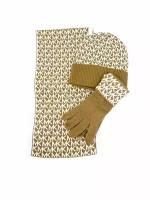 Сет MICHAEL KORS коричневый в монограмму шапка с отворотом, шарф и перчатки, р. OS
